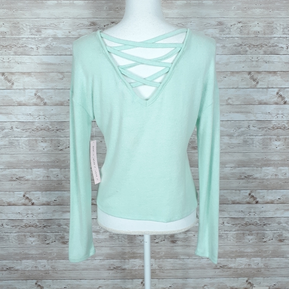 Crave Fame Tie Front Top M Lattice Back Mint Green 905 - Picture 4 of 7
